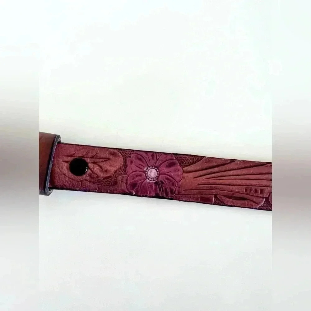 Tooled Leather Floral Belt with Purple and Yellow Flowers Size 38 - Picture 8 of 11